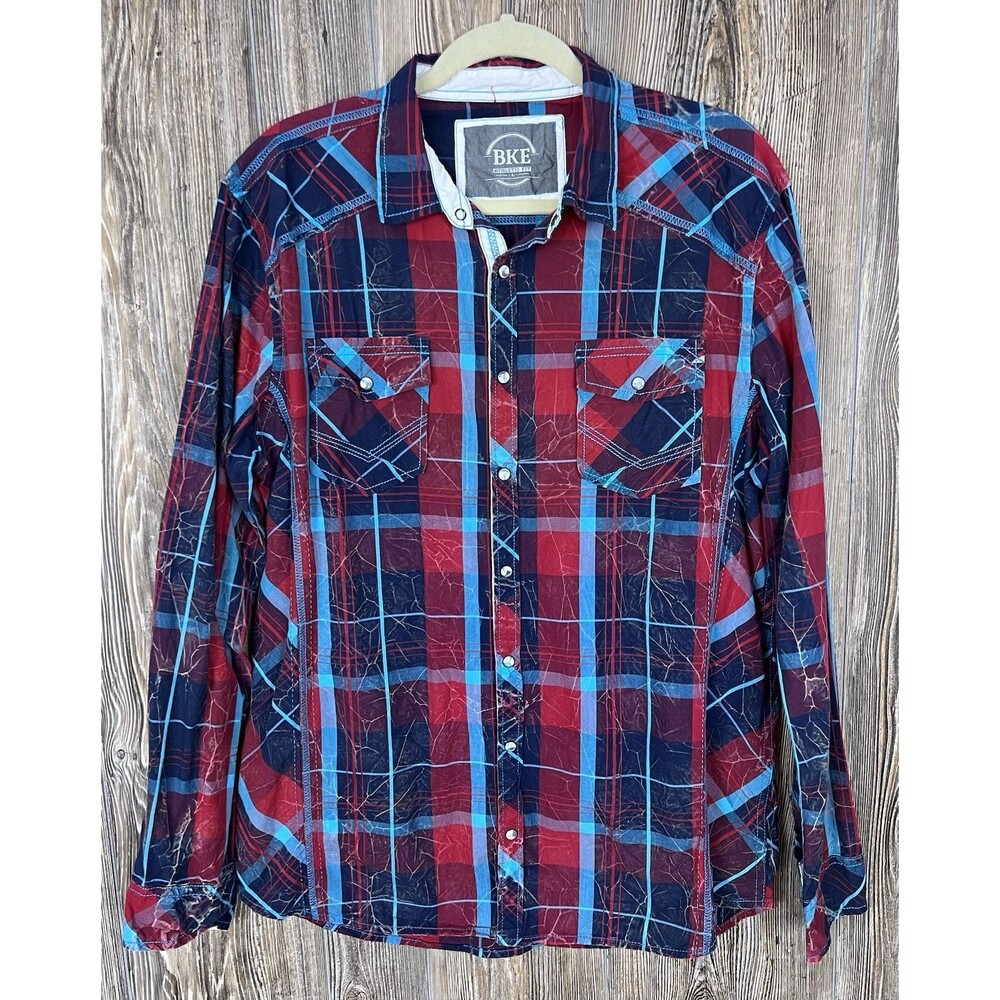 Buckle BKE Shirt Athletic Fit Men's Large Plaid Cotton Pearl Snap Western Cowboy
